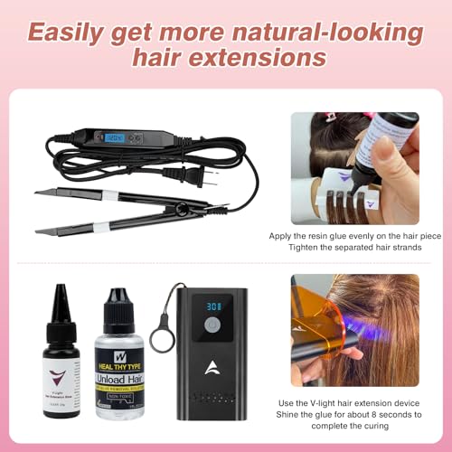 V Light Hair Extensions Kit Professional V Light Hair Extension Set With V Light hair extension machine, UV Light, V-light glue 20G * 4, glue remover 30ml * 2 Hair Extensions Tool Set