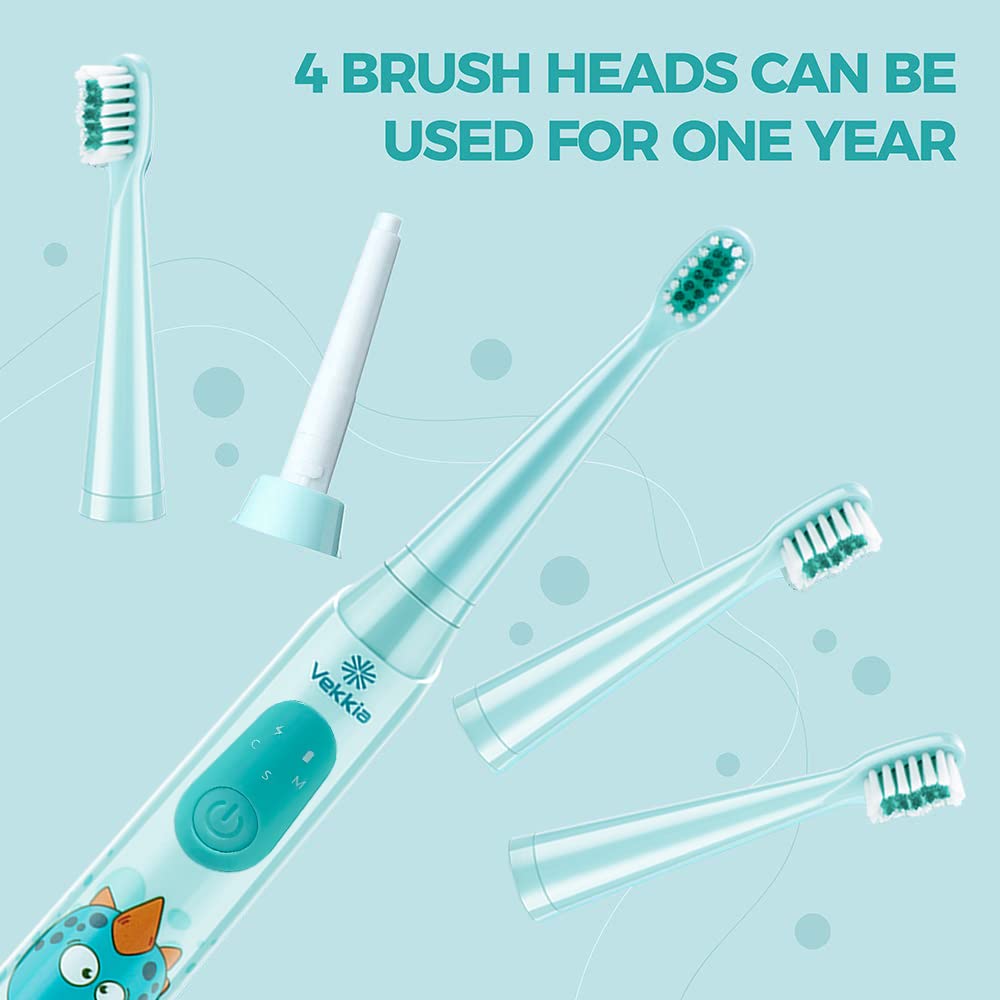 Vekkia Sonic Rechargeable Kids Electric Toothbrush, 3 Modes with Memory, Fun & Easy Cleaning, 24000 Strokes, IPX7 Waterproof, 2-Min Timer for Age 5+, 4 Soft Bristles(Blue)
