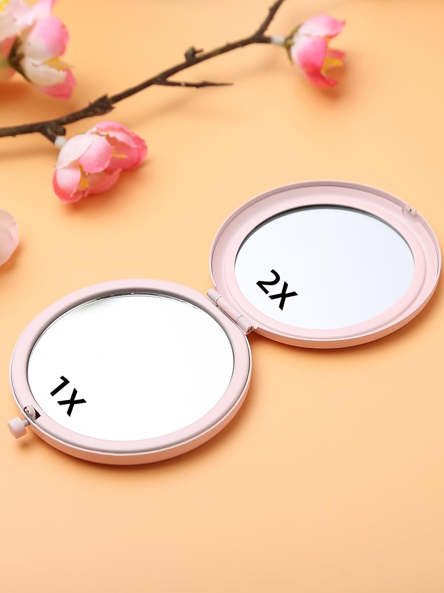 Double-Sided 1/2X Magnifying Pocket Makeup Mirror Round Pink