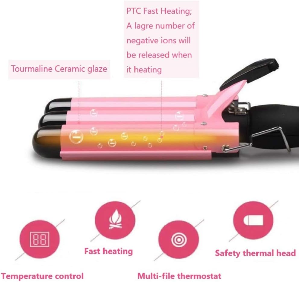 26mm 3-Barrel Curling Iron Wand - Adjustable Temperature Ceramic Hair Waver (Pink)