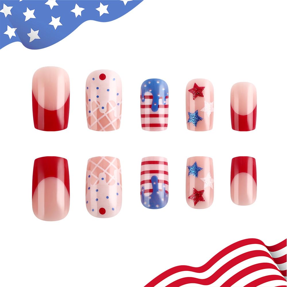 24 Pcs 4th of July Press On Nails Short Square,YEFIUO Pink Fake Nails Press ons Red French Nail Art Tips Acrylic Nail Kit Glue on Nails Full Cover False Nails with Independence Day Design for Ma'am