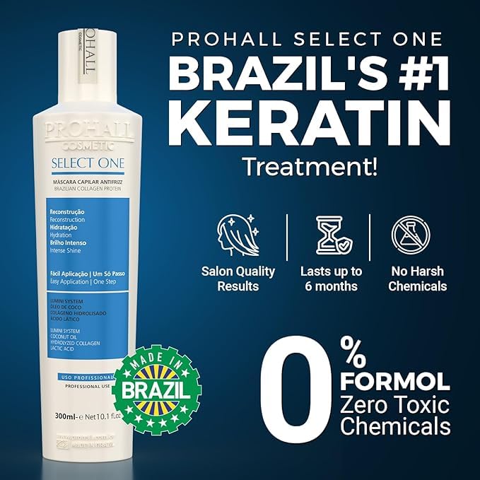 Brazilian Keratin Hair Treatment Blowout Complex Formaldehyde Free - PROHALL SELECT ONE 10.1oz/300ml - Keratina Queratina Brasileña Para Alisar el Pelo Sin Formol- Protein Hair Treatment