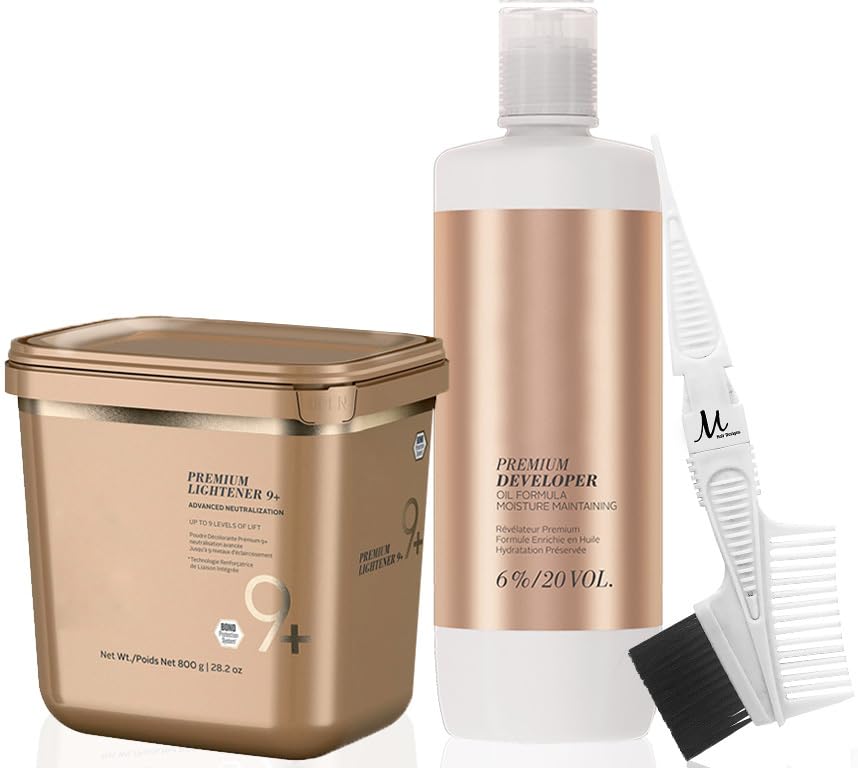 BlondeMe Lightener 9+ Premium Bleach 800 grams, Blonde Me Developer 6% / 20 Vol 1 Liter and M Hair Designs Tint Brush Comb (Bundle)
