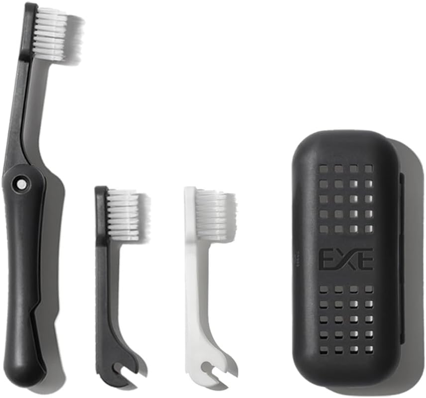 Minibox Folding Travel Toothbrush - Compact Dual-Length Bristles & Case, 2 Extra Heads - Ideal for Business Trips & Camping