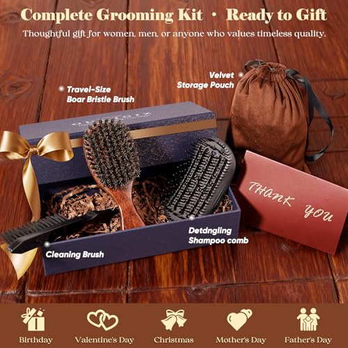 Boar Bristle Hair Brush Since 1965 British Craftsmanship, Handmade Natural Wooden Mini Hairbrush/Beard Brush, Pure Soft Bristles Gentle Detangling Women Men Kids Thin Fine Hair, Smooth & Shine