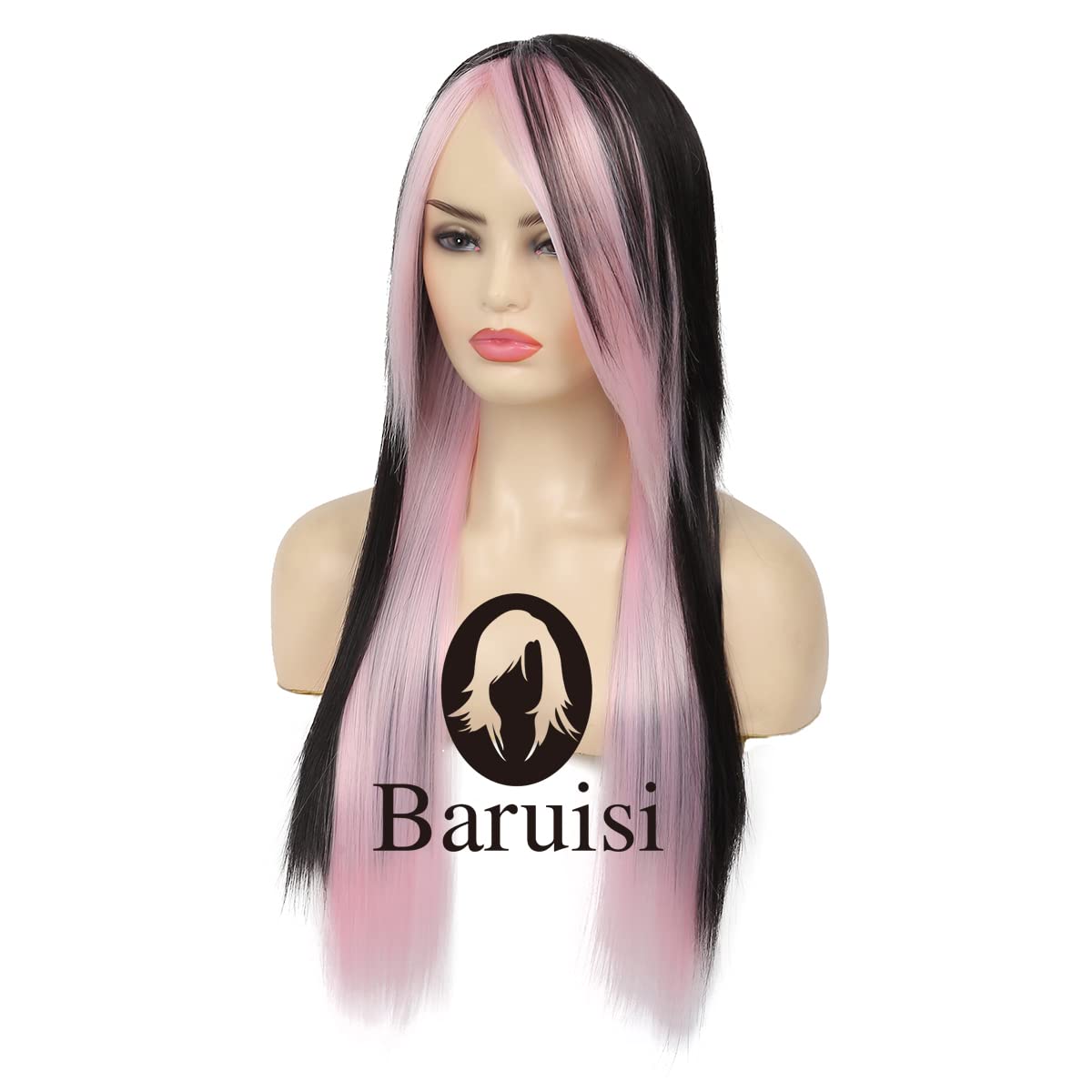 Silky Straight Long Red Black Wig with Side Bangs - Heat Resistant Synthetic Hair for Halloween