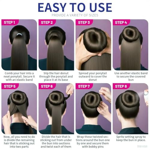 Donut Hair Bun Maker Set - 4 Rings (1 Extra-Large, 1 Large, 1 Medium, 1 Small), 20 Hair Nets(12inch, 24inch), 5 Elastic Bands, 40 Hair Pins, Dark Brown