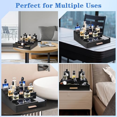 Cologne Organizer for Men, 5 Tier Wooden Perfume Organizer Display with Drawer and Hidden Compartment, Cologne Stand, Perfume Stand, Display Risers, Gift for Men (Black)