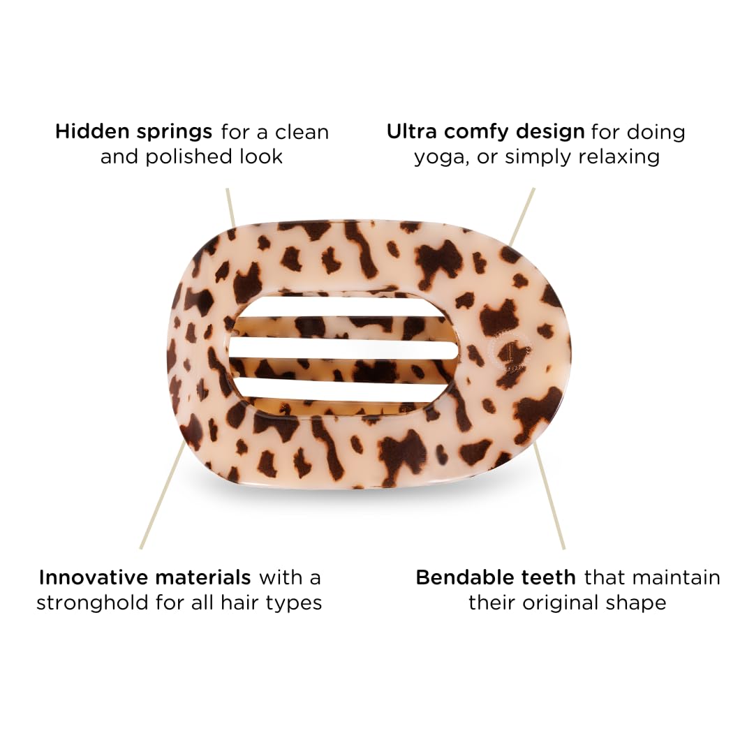 TELETIES - Large Flat Round Clip - Strong Grip, Bendable Teeth, Comfortable Curved Design - For Lying Down, Yoga, Driving & More - Ideal for Thick Hair - For All Hair Textures - Blonde Tortoise