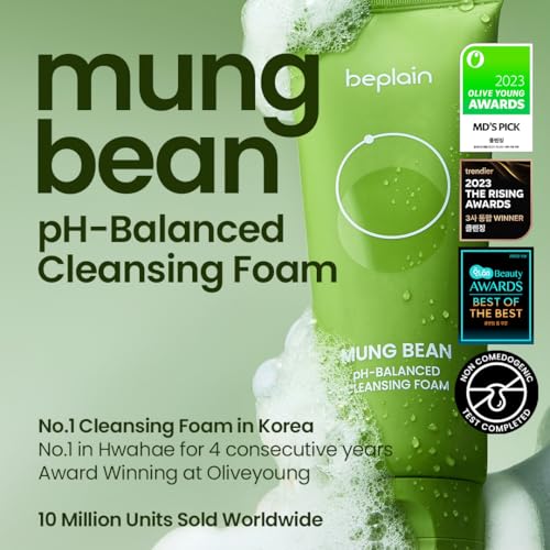 beplain Mung Bean pH-Balanced Cleansing Foam (5.4fl.oz/160ml) | Fragrance-Free | Non-Comedogenic Tested | Deep Pore Facial Cleanser | Suitable for Sensitive Skin | Face Mask Cleanser | Korean Skincare