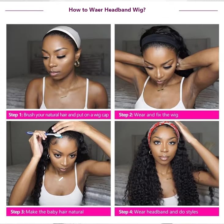 Headband Wig Human Hair Deep Wave 20 Inch Glueless None Lace Front Deep Curly Wig Brazilian Virgin Hair Wear and Go Wigs for Black Women 180% Density Machine Made Headband Half Wigs Natural Color