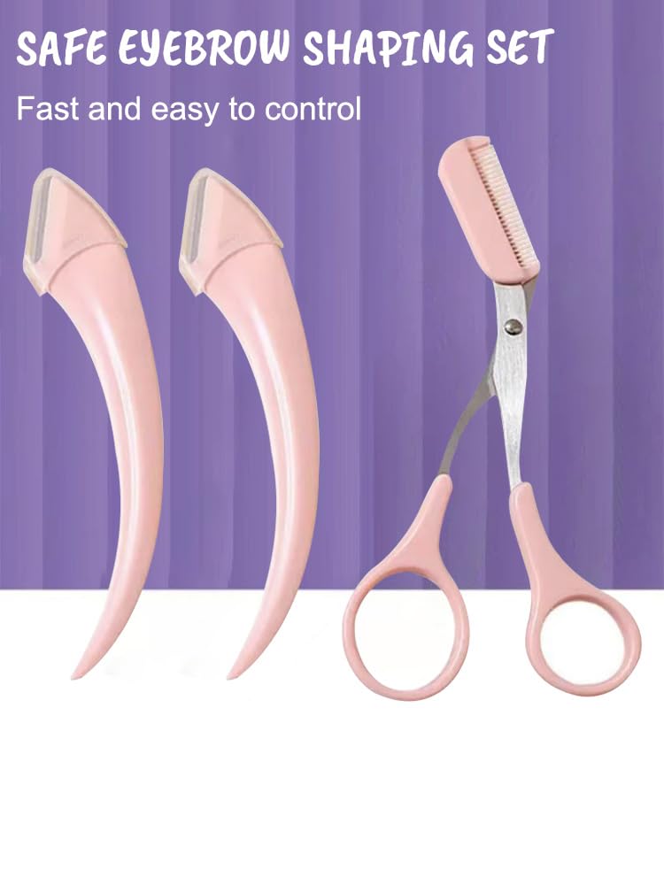 Pink Eyebrow Trimmer Set, 2 Pcs Crescent Shaped Eyebrow Trimmer and 1 Pc Scissors, Novice Eyebrow Scraper