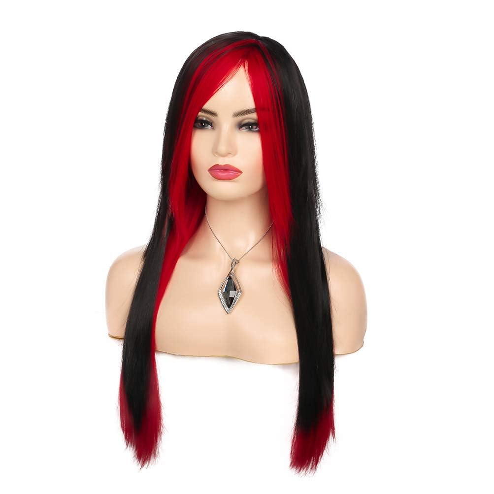 Silky Straight Long Red Black Wig with Side Bangs - Heat Resistant Synthetic Hair for Halloween