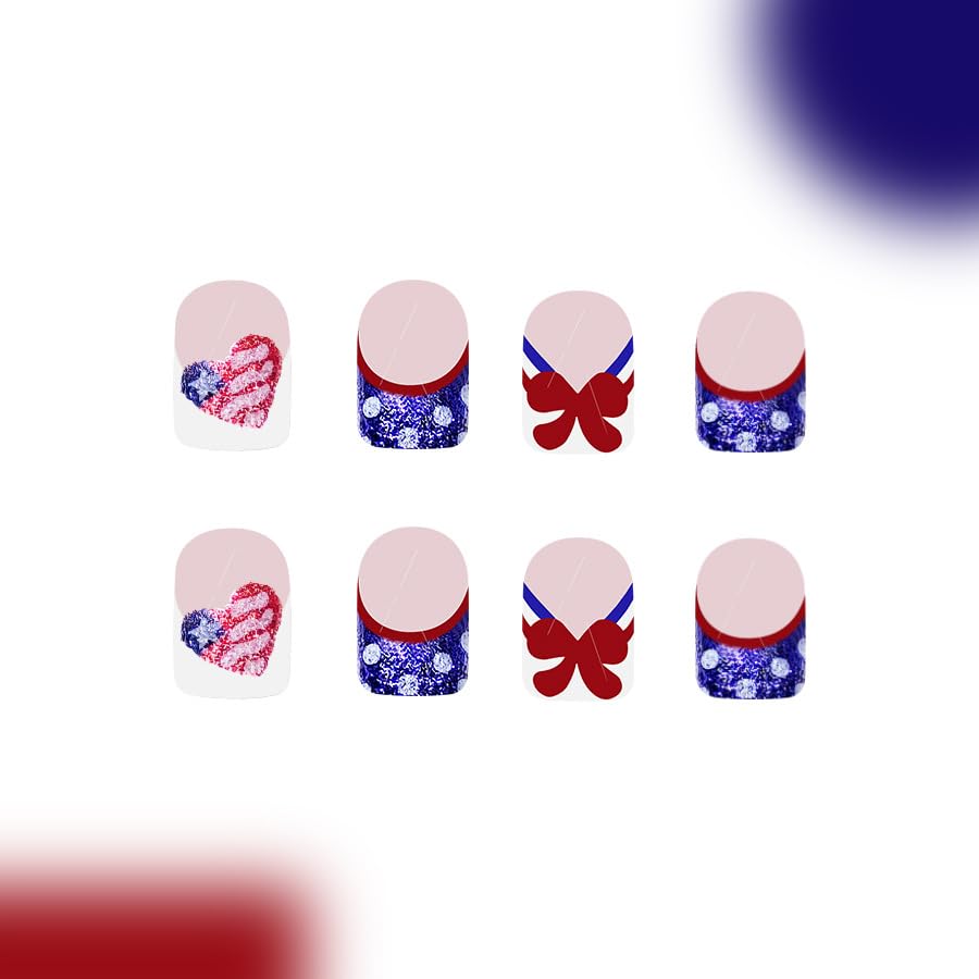 Independence Day Press on Nails Short Square French Tip Fake Nails with Dot Heart Bow Design 4th of July Acrylic Nails Full Cover Glossy False Nails for Women Manicure Decoration, 24PCS