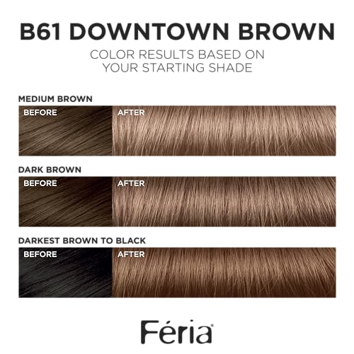 L'Oreal Paris Feria Multi-Faceted Shimmering Permanent Hair Color, B61 Downtown Brown (Hi-Lift Cool Brown), Pack of 1, Hair Dye