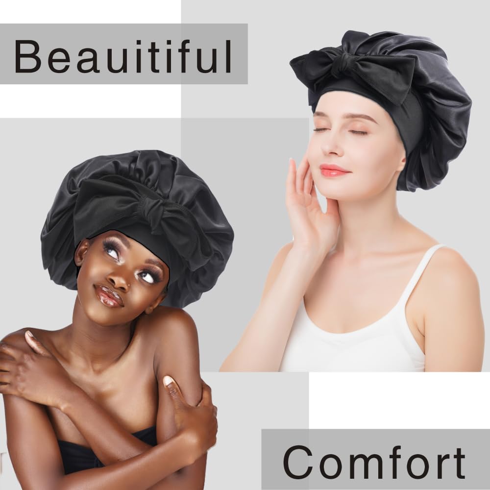 VECIIR Silk Bonnet for Sleeping Women, Ajustable Hair Bonnet for Curly Hair with Tie Band Shower Caps Black,Large