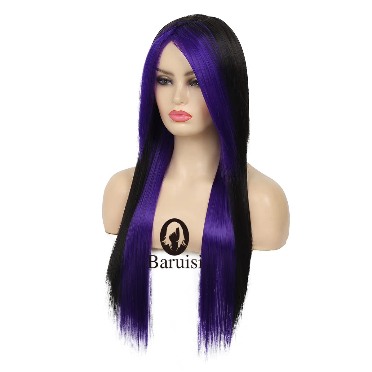 Silky Straight Long Red Black Wig with Side Bangs - Heat Resistant Synthetic Hair for Halloween