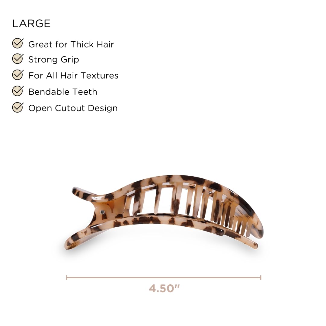 TELETIES - Large Flat Round Clip - Strong Grip, Bendable Teeth, Comfortable Curved Design - For Lying Down, Yoga, Driving & More - Ideal for Thick Hair - For All Hair Textures - Blonde Tortoise