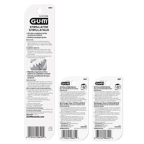 GUM Stimulator Permanent Handle - Long Handled Massager Remove Plaque & Promote Health (Handle + 2 Refill Packs)