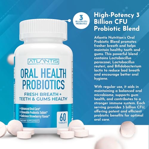 Atlantis Nutrition Oral Probiotics Chewable Tablet - Dental Probiotic for Gum Care & Teeth Care - Bad Breath Treatment for Adults - 3 Billion CFU Probiotic Blend - Strawberry Flavor - 60 Tablets