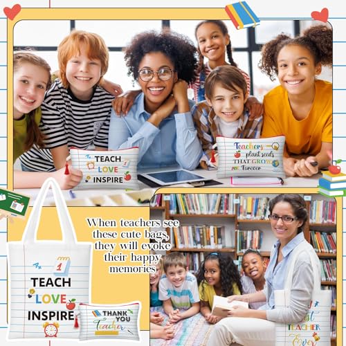 Paterr 12 Pcs Christmas Teacher Appreciation Gift for Women Christmas Gifts Ideas Basket Filler Canvas Teacher Tote Bag with Makeup Bag Notebook Style for Office School Classroom Supplies