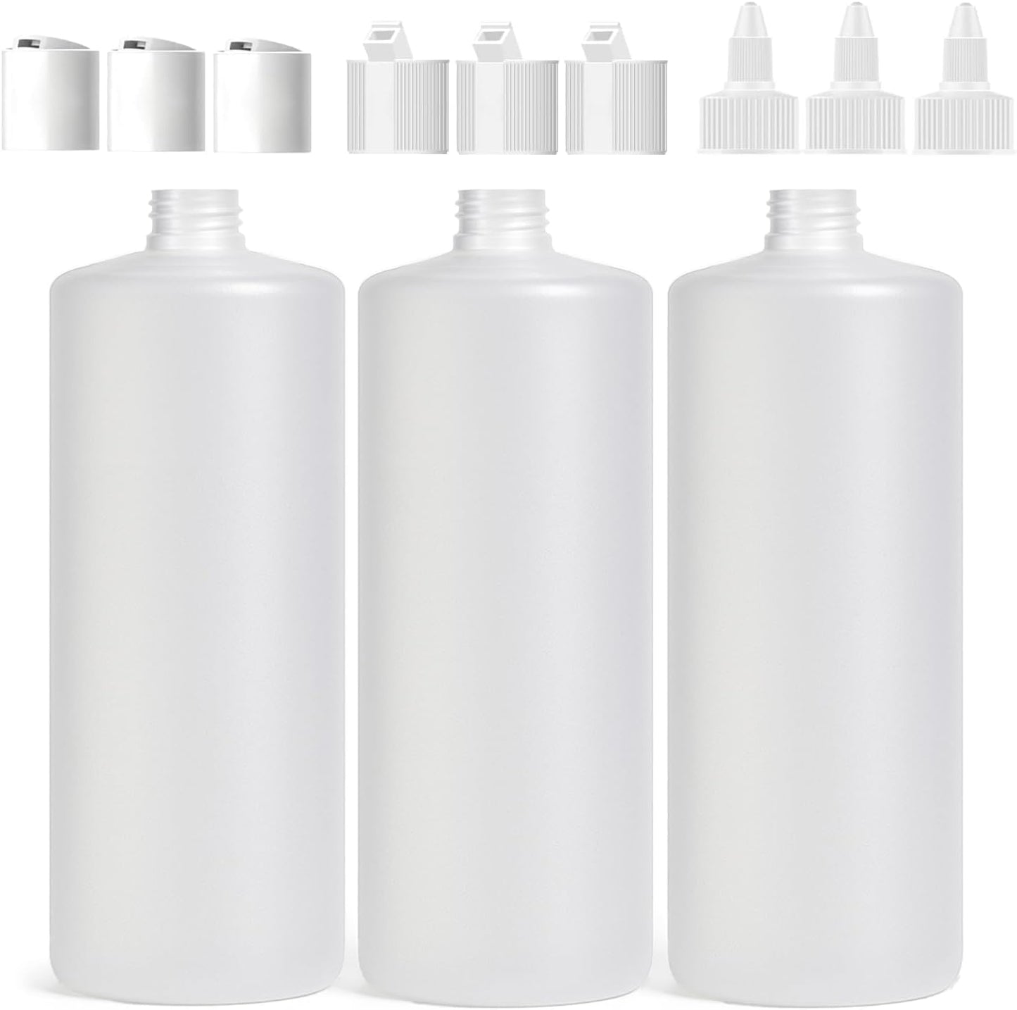 33.8oz HDPE Plastic Bottles 3-Pack with 9 Versatile Caps - BPA-Free, Food Safe for Shampoo, Condiments & More