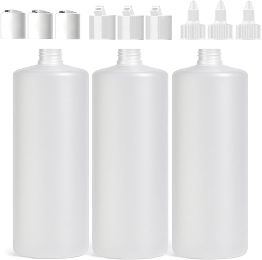 33.8oz HDPE Plastic Bottles 3-Pack with 9 Versatile Caps - BPA-Free, Food Safe for Shampoo, Condiments & More