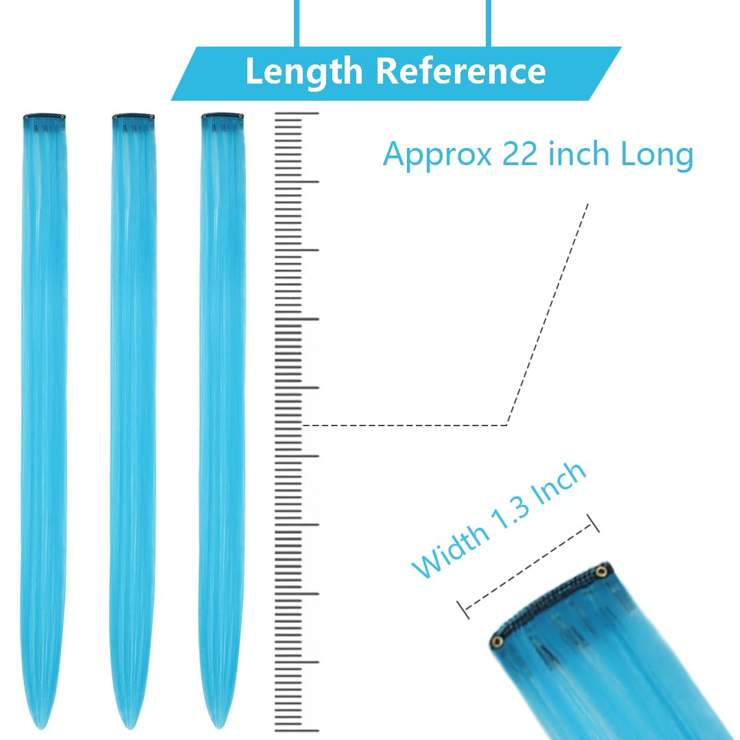 RINBOOOL Colored Hair Extensions Clip In for Kids Girls Women, Teal Blue 10 Pieces Rainbow Color, 22 Inch Long Straight Highlights Party, Synthetic