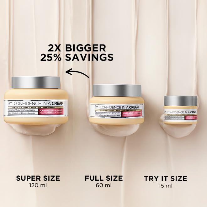 IT Cosmetics Confidence in a Cream Travel - Hydrating & Anti Aging Face Moisturizer, Visibly Reduces Fine Lines & Wrinkles, Up To 48H Hydration, Repairs Skin Barrier, Squalane & Ceramides - 0.5 fl oz