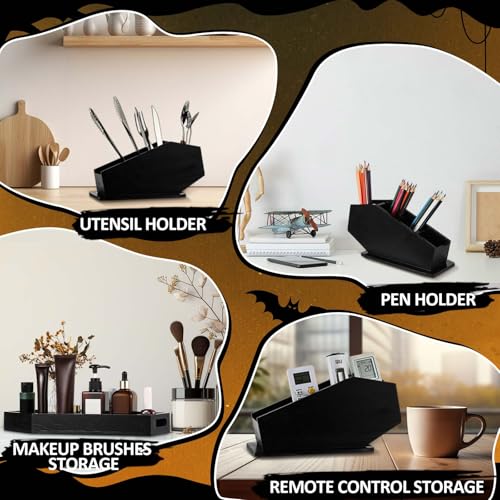 Juexica 2 Pcs Halloween Coffin Decor, Halloween Coffin Tray and Makeup Brush Holder Organizer, Spooky Gothic Home Decor, Gothic Serving Tray Makeup Organizer for Vanity, Witchy Gifts for Women