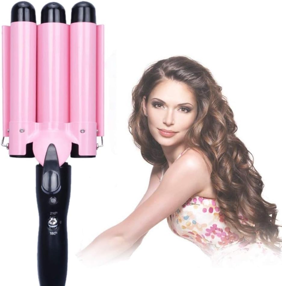 26mm 3-Barrel Curling Iron Wand - Adjustable Temperature Ceramic Hair Waver (Pink)