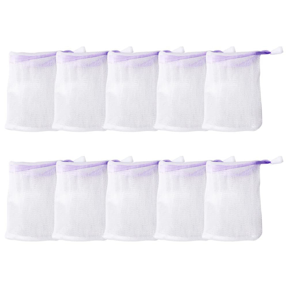Leadigol 10PCS Face Cleansing Foaming Nets, Mesh Soap Pouch, Bubble Foam Double Layer Net Soap Sack Saver Pouch, White Pouch with Drawstring, Drawstring Holder Bags