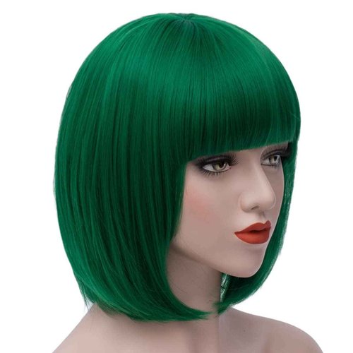 FOVER Short Green Wig with Bangs - Straight Synthetic Bob Wig for Women - St. Patrick's Day Party Costume - FE014GR