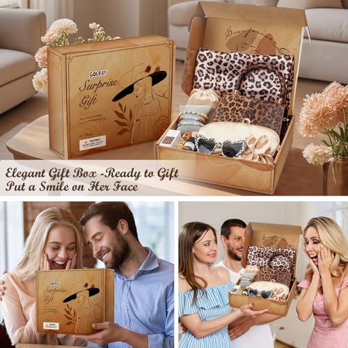 Golray Gifts for Teen Girls - 19Pcs Teenager Gifts Basket with Brown Leopard Satin Pillowcase/Handbag, Christmas Birthday Gift Set for Women Daughter Sister Niece Tween Girl Kid Toy Age 10 12-18+