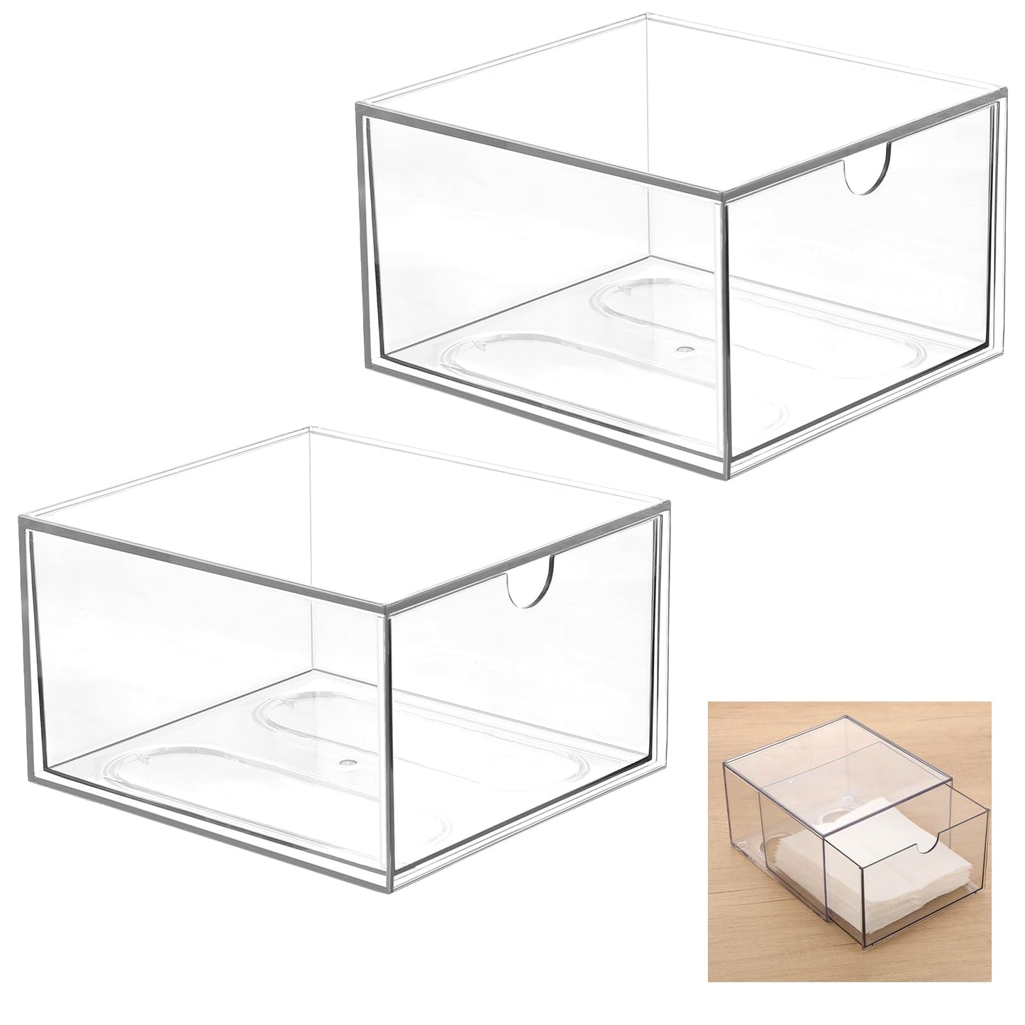 2 Pcs Disposable Face Towel Holder, Face Towel Storage Box Bin, Stackable Clear Makeup Organizer with Drawer for Clean Skin Club Face XL Towels Holder for Vanity Bathroom and Makeup Organization