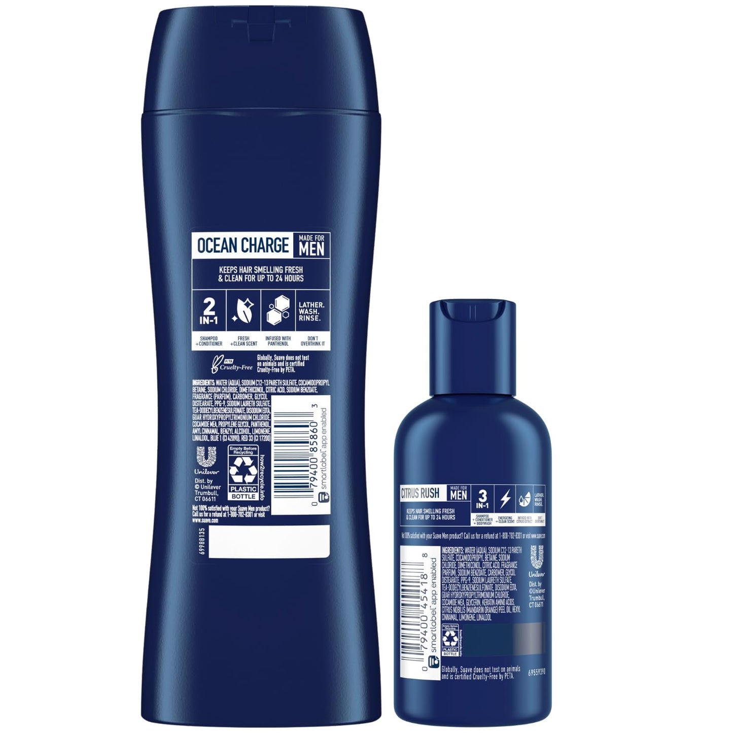 Suave Body Wash, Shampoo & Conditioner 3-in-1, Citrus Rush for Men, Travel Size + Shampoo and Conditioner 2-in-1, Ocean Charge for Men, Full Size, Twin Pack (3 Piece Set)