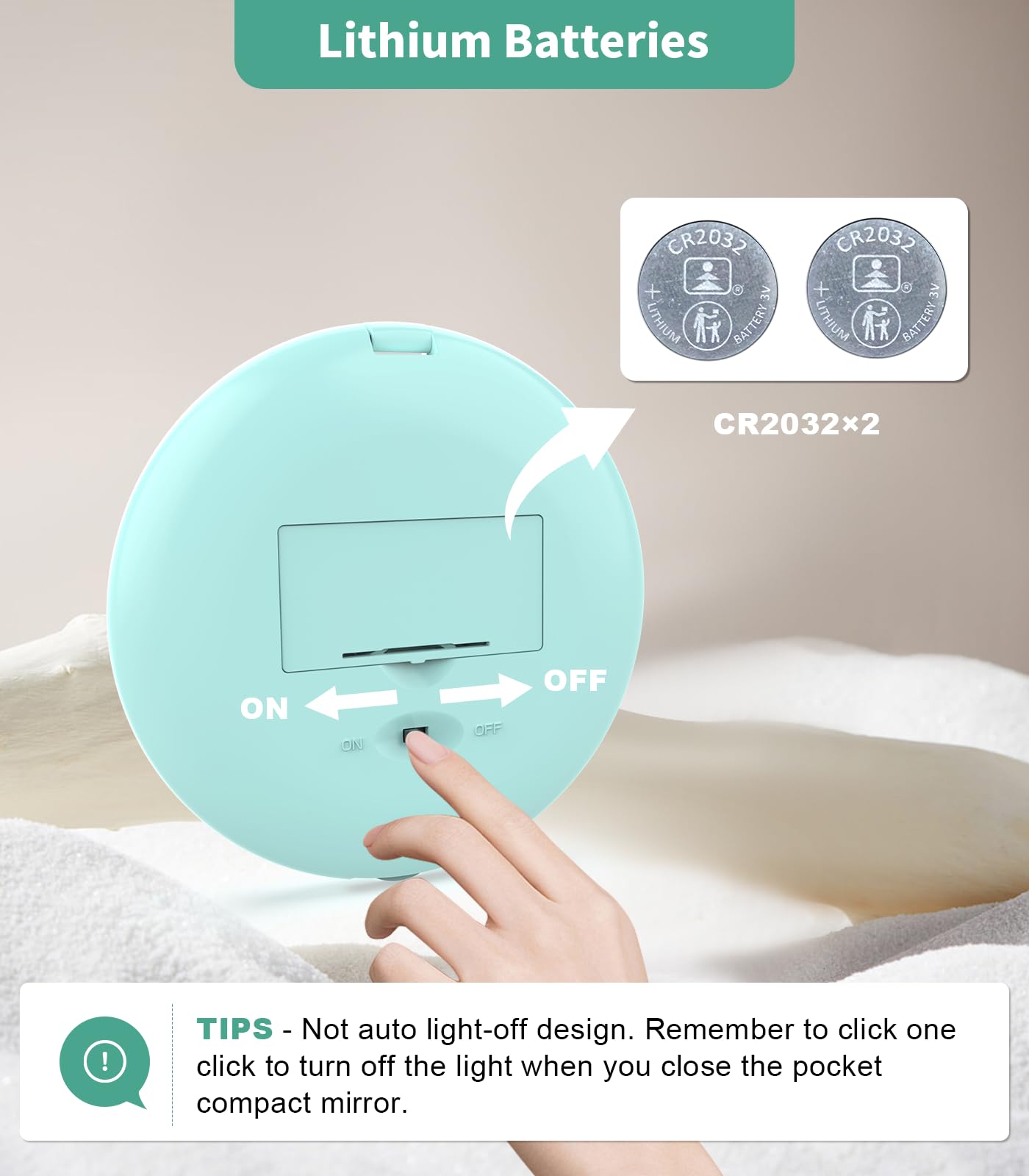 wobsion LED Lighted Travel Makeup Mirror, 1x/10x Magnification, Compact, Portable for Handbag, Purse, Pocket, 3.5 inch Illuminated, Folding, Handheld, 2-Sided, Round, Cyan