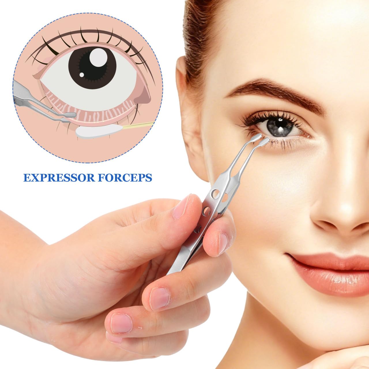 TEHAUX Meibomian Gland Expressor, Stainless Steel Eyelid Massage Tweezer with Positioning Pin, Prevent Excessive Force, Rectangle Tip Eyelid Expressor for Dry Eyes (Silver)