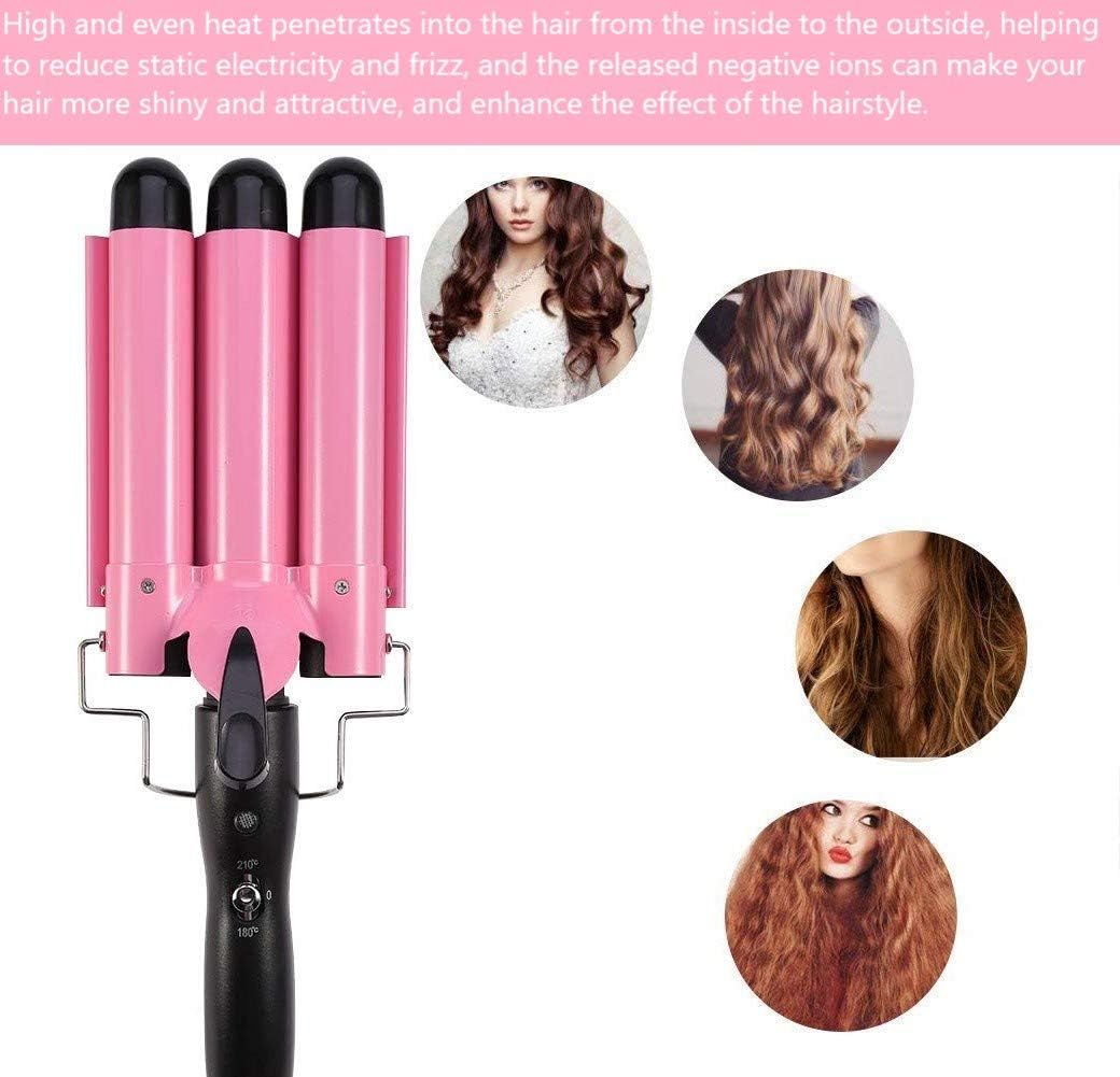 26mm 3-Barrel Curling Iron Wand - Adjustable Temperature Ceramic Hair Waver (Pink)