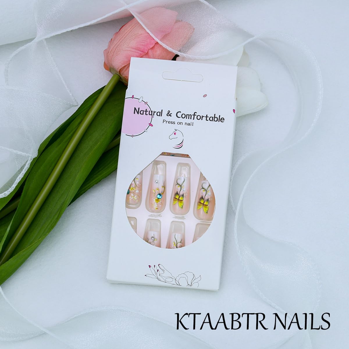 24PCS Rhinestones French Tip Press on Nails Medium Square Shape White Gradient Yellow Flower Butterfly Fake Nails with Glue Full Cover Pink Glossy False Nails for Women Manicure Decoration