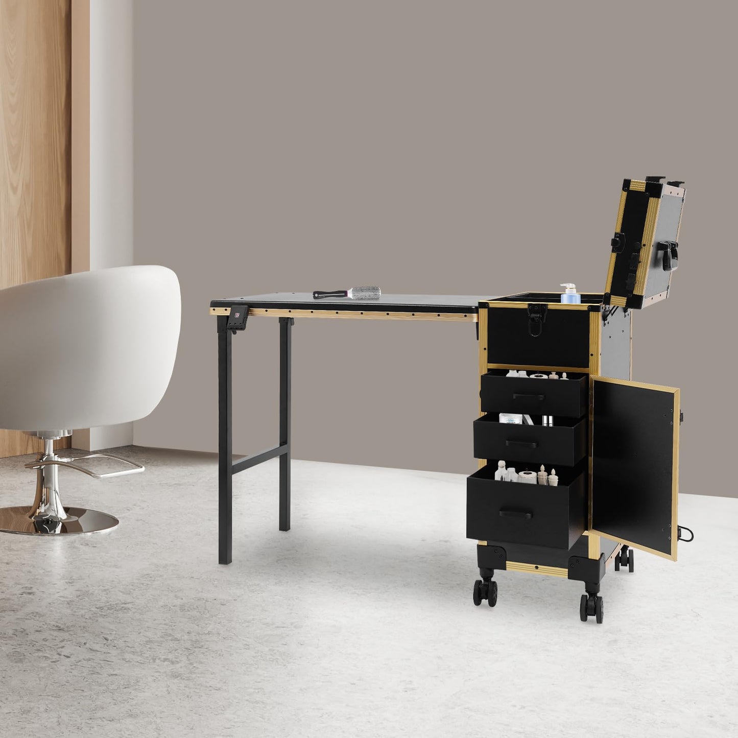 Foldable Rolling Manicure Table with Mirror and Lights, Portable Nail Desk with 3 Drawers, Bluetooth Speaker, Lock & Wheels, Travel Vanity Station for Makeup Artists & Beauty Lovers (Gold/Black)