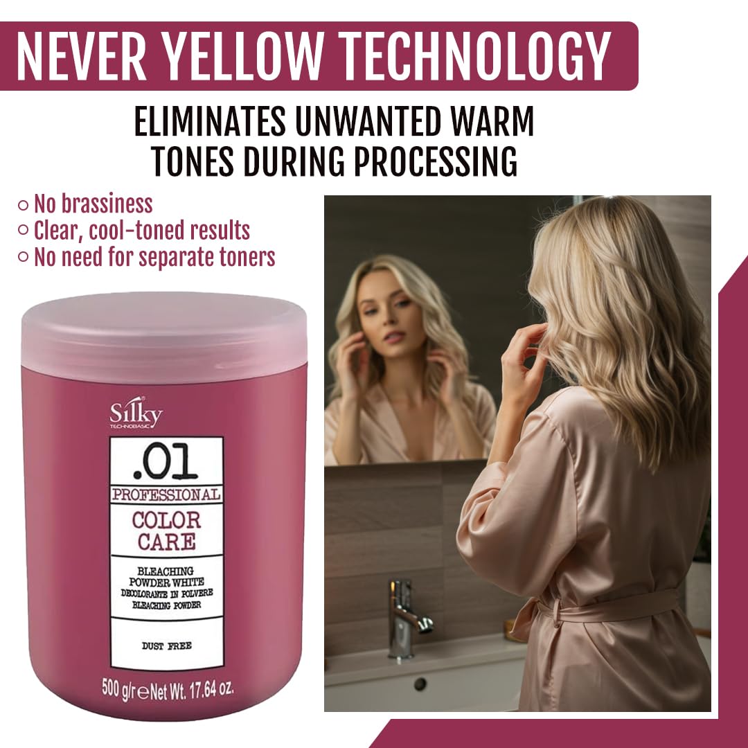 Silky Technobasic .01 Hair Bleach with Anti-Yellow Action - Bleach for Dark Hair with Fast Lightening & Up to 9 Lifting Tones - White Bleaching Powder Ideal for All Hair Types - 17.64 0z