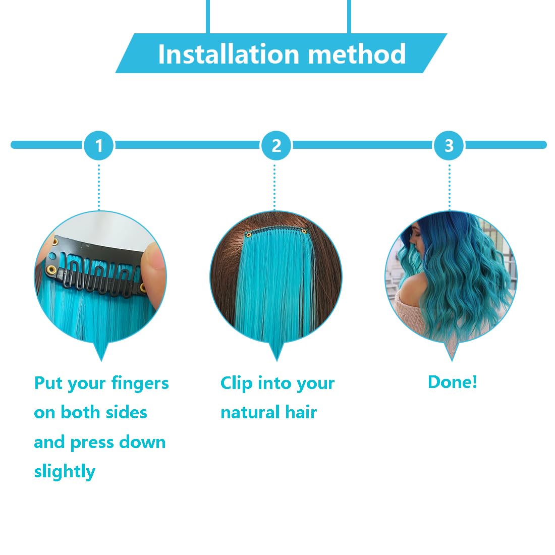RINBOOOL Colored Hair Extensions Clip In for Kids Girls Women, Teal Blue 10 Pieces Rainbow Color, 22 Inch Long Straight Highlights Party, Synthetic