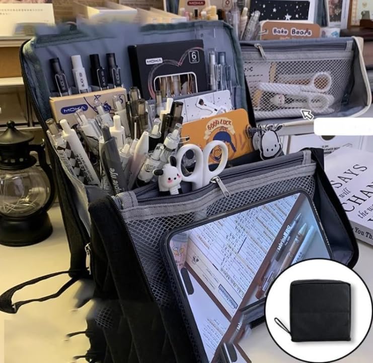 Multi-purpose Large Capacity Oxford Cloth Standing Makeup Bag, Waterproof Makeup Organizer with Compartments,Large Capacity Stationery Organizer, Portable Toiletry Bag and Stationery Storage (Navy)