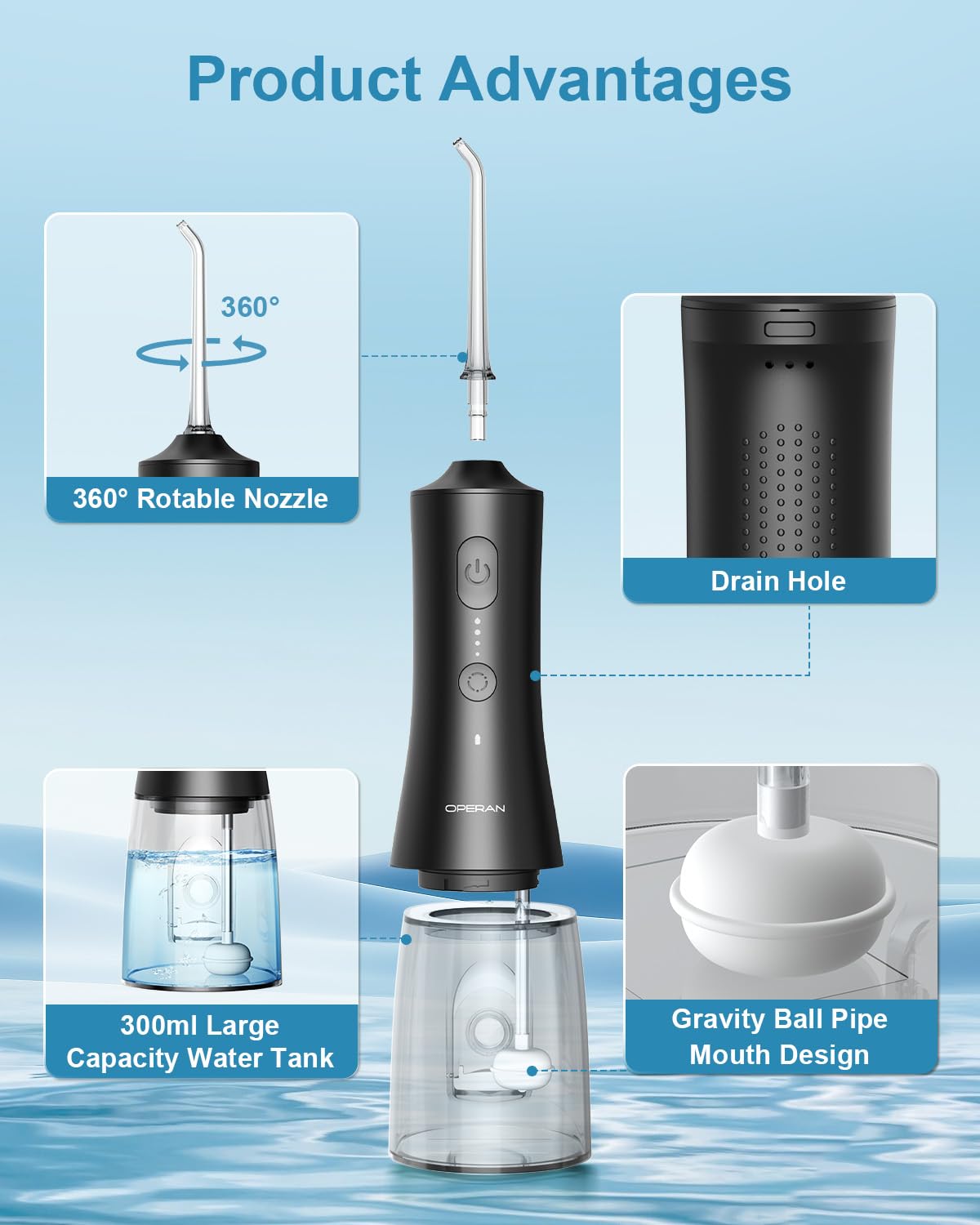 Operan Water Flosser for Teeth Cleaning Upgraded 300ml Cordless Water Dental Flossers Rechargeable Oral Irrigator with 4 Modes 4 Jet Tips IPX7 Waterproof Water Floss for Home Travel (Black)+1Pack