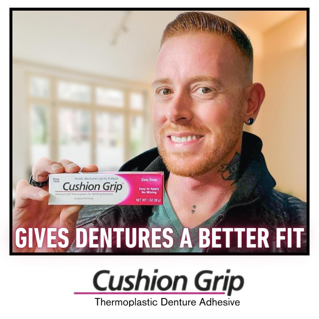 Cushion Grip Thermoplastic Denture Adhesive, 1 oz - Refits and Tightens Loose Upper and Lower Dentures and Partials | Non-Glue Adhesive, Acts Like a Soft Reliner