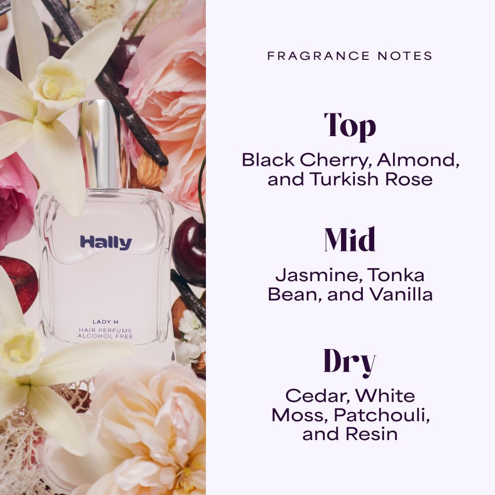 Hally Lady H Hair & Body Perfume - Alcohol Free, Non Toxic Cherry, Vanilla & Jasmine Fragrance - Long Lasting Fragrance Mist - Shine-Enhancing & Hydrating Spray in Elegant Glass Bottle – 50ml