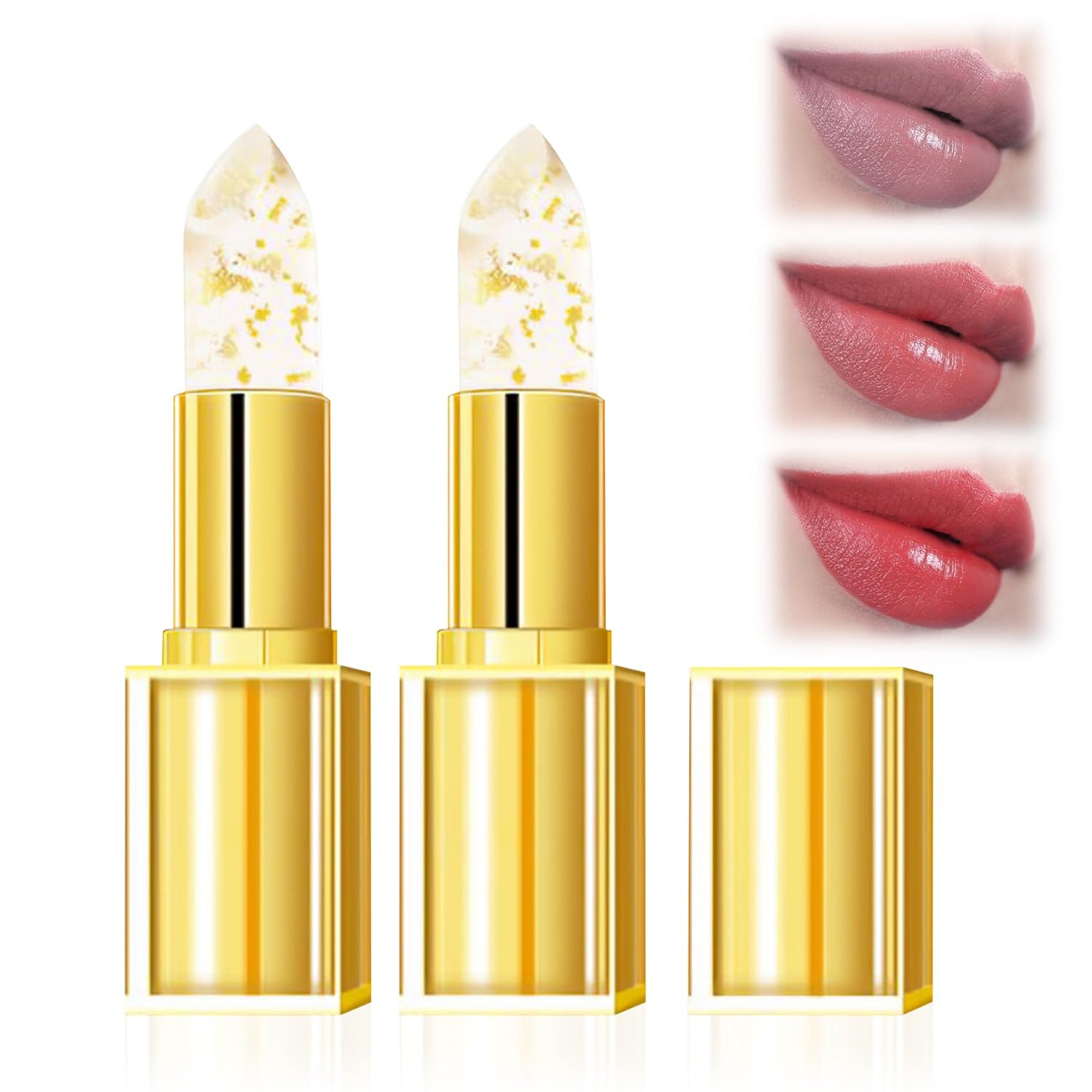 Color Changing Lipstick,Transferproof Colors Changings Transparente Lipsticks,Gold Crystal Color Changing Lipstick, Long Lasting 24 Hours Moisturizing Glossy Shine Lip Gloss(2PCS)