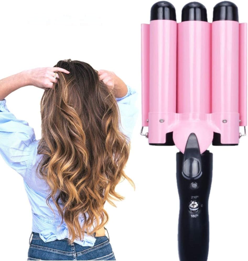 26mm 3-Barrel Curling Iron Wand - Adjustable Temperature Ceramic Hair Waver (Pink)