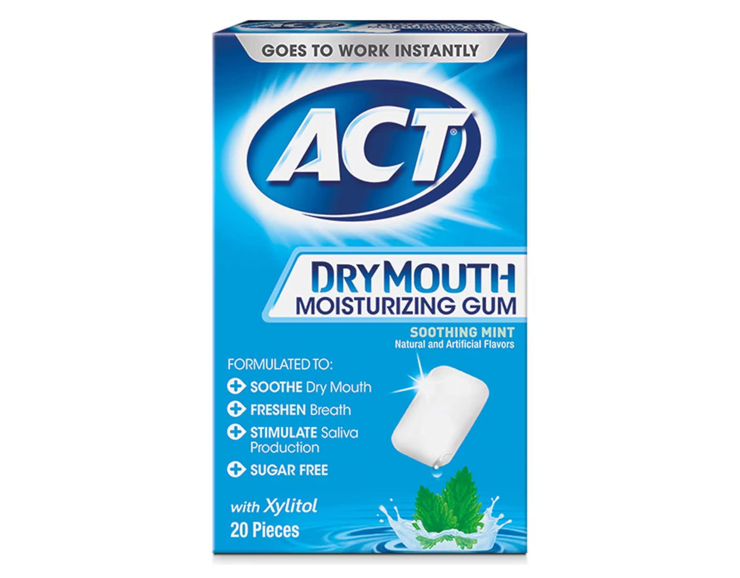 ACT Dry Mouth Moisturizing Gum, Soothing Mint, Sugar Free, 20 Count (Pack of 2)